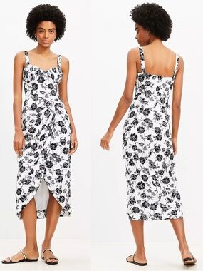 LOFT Bustier Midi Dress Floral Black White Boned Corset Linen Faux Wrap Size 8
